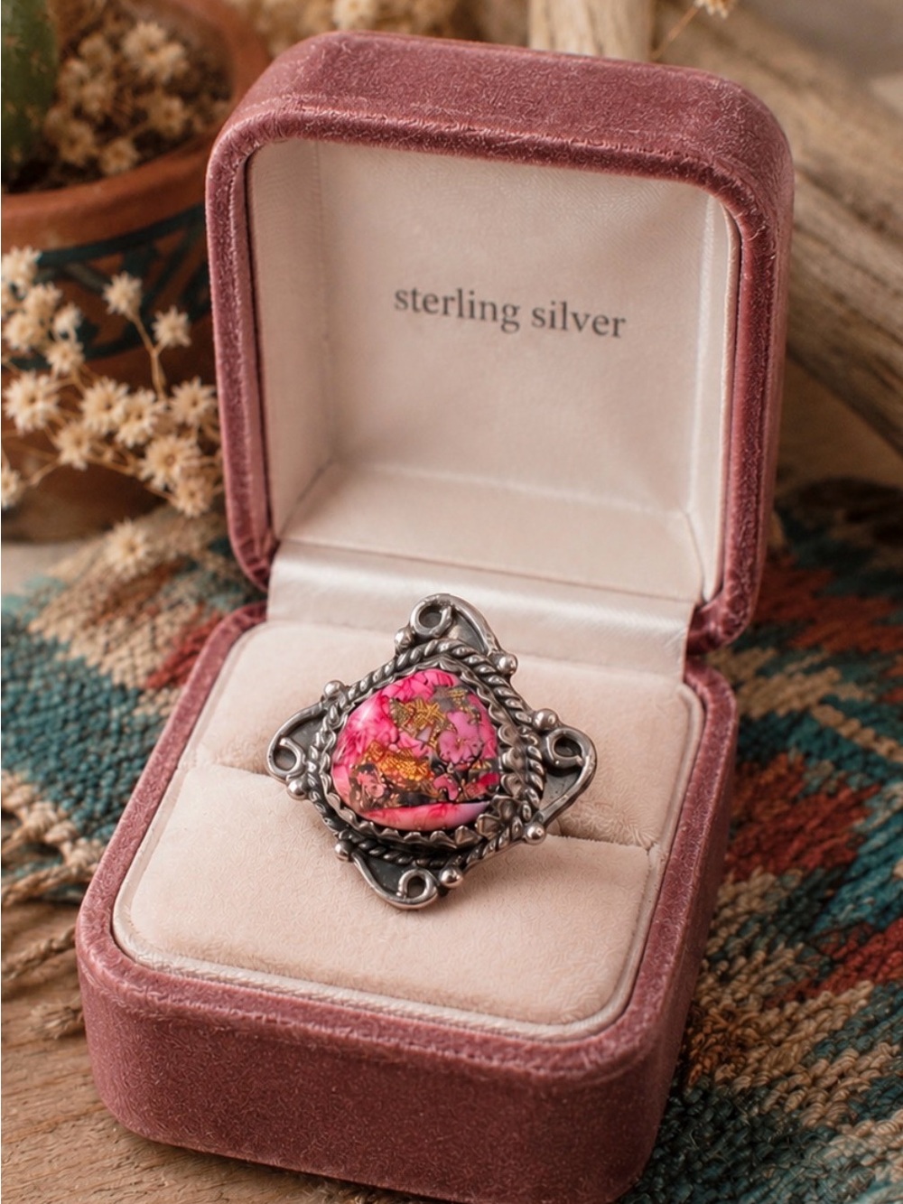 Ring Red Dahlia Turquoise 925 Sterling Silver Unique Feminine